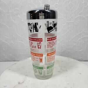 Vintage MCM Glass Cocktail Recipe Shaker 9" Silver Clear Liquor Drink Mixer